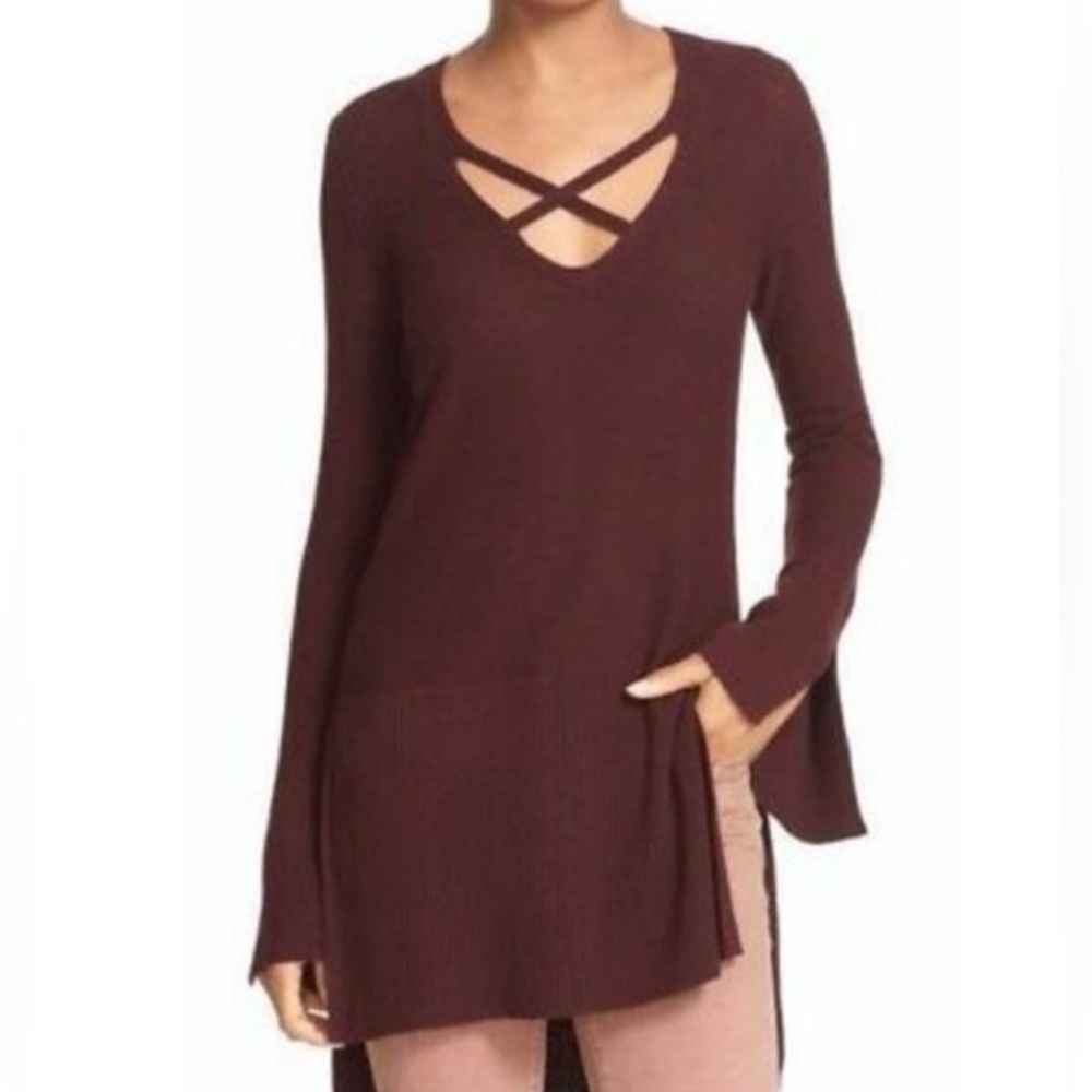 Free People Burgundy Criss Cross‎ Bell Sleeve Tunic Sweater